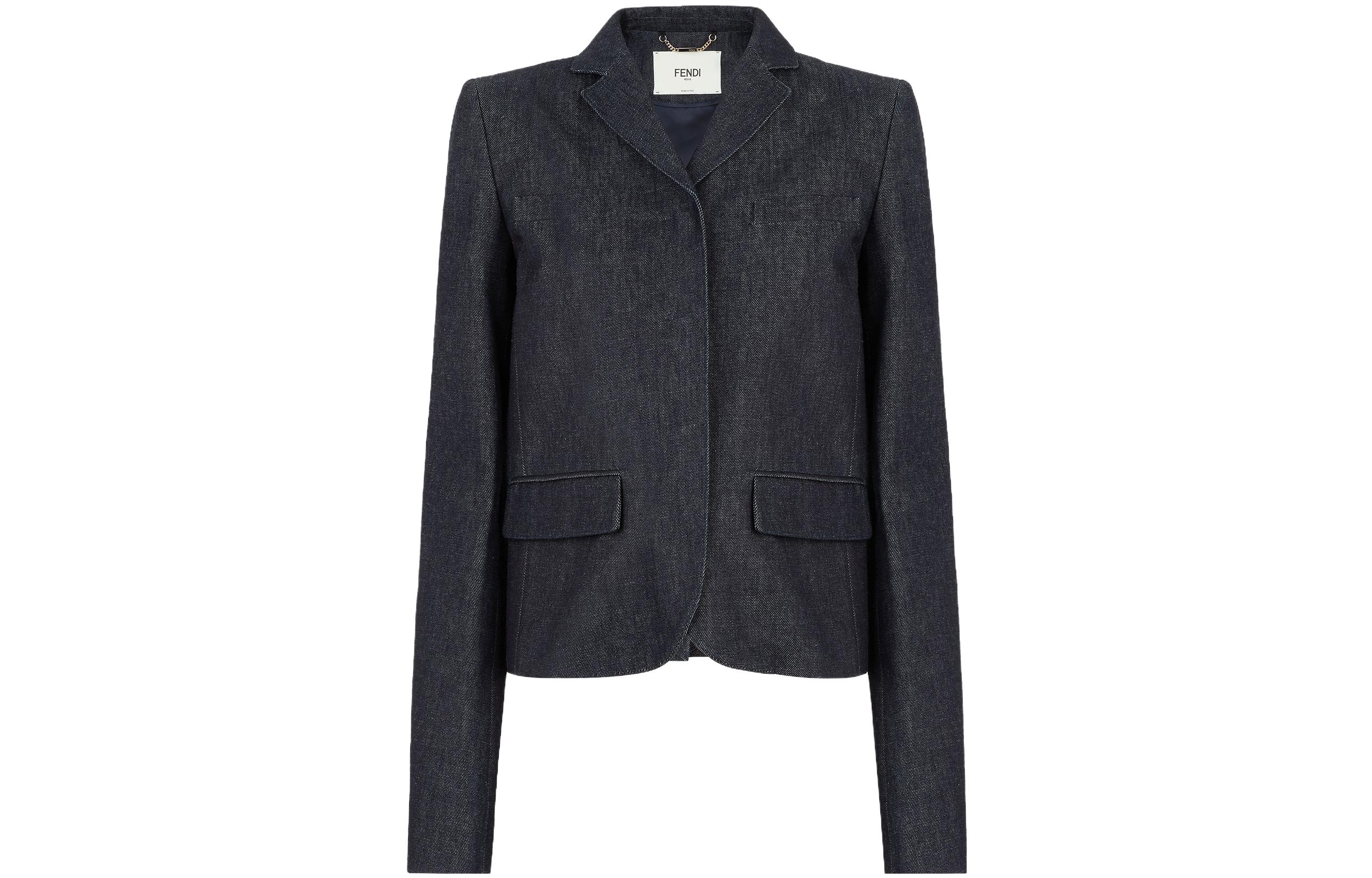 Order (W) FENDI Jaket Denim Lengan Panjang Biru dengan Butang Warna Solid FLF765AQ90F1M2F