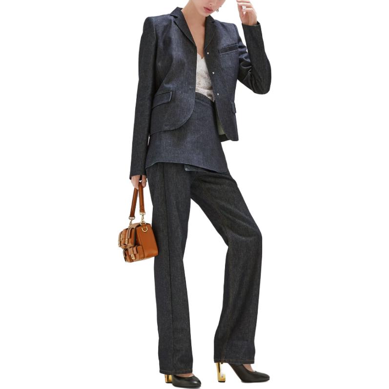 Shop (W) FENDI Jaket Denim Lengan Panjang Biru dengan Butang Warna Solid FLF765AQ90F1M2F