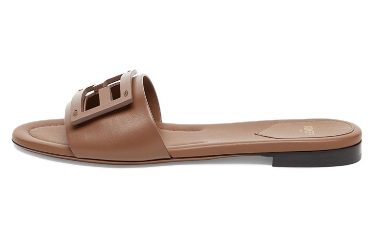 (W) Fendi Baguette 'Brown Leather Slip-On Flat Sandal'