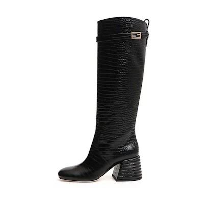 (W) Fendi Baguette 'Crocodile Pattern Metal Buckle' High Top Boots Black