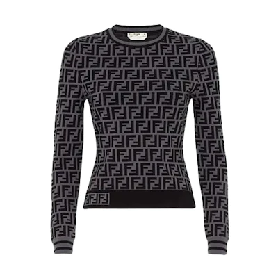 (Women) FENDI Black & Grey Full-Print FF Monogram Knit Sweater FZY703A5QGF0RTU