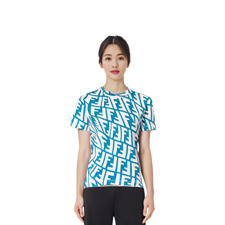 Shop (W) FENDI 蓝色字母印花圆领T恤. FS7254AGT2F1AXZ