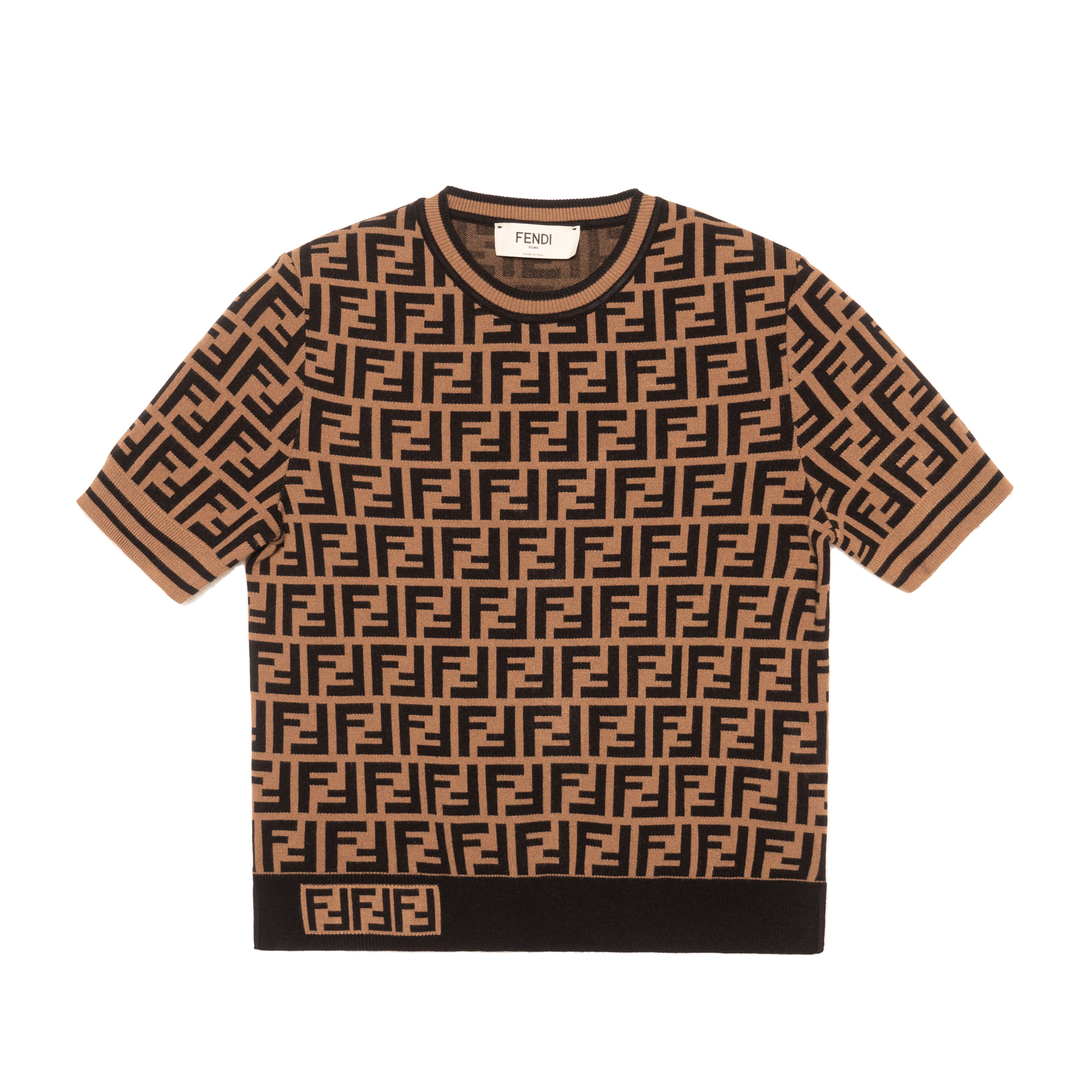 (Women) FENDI Brown All-Over Logo Print Knit Short-Sleeve Crewneck Top FZY702A5QGF118W