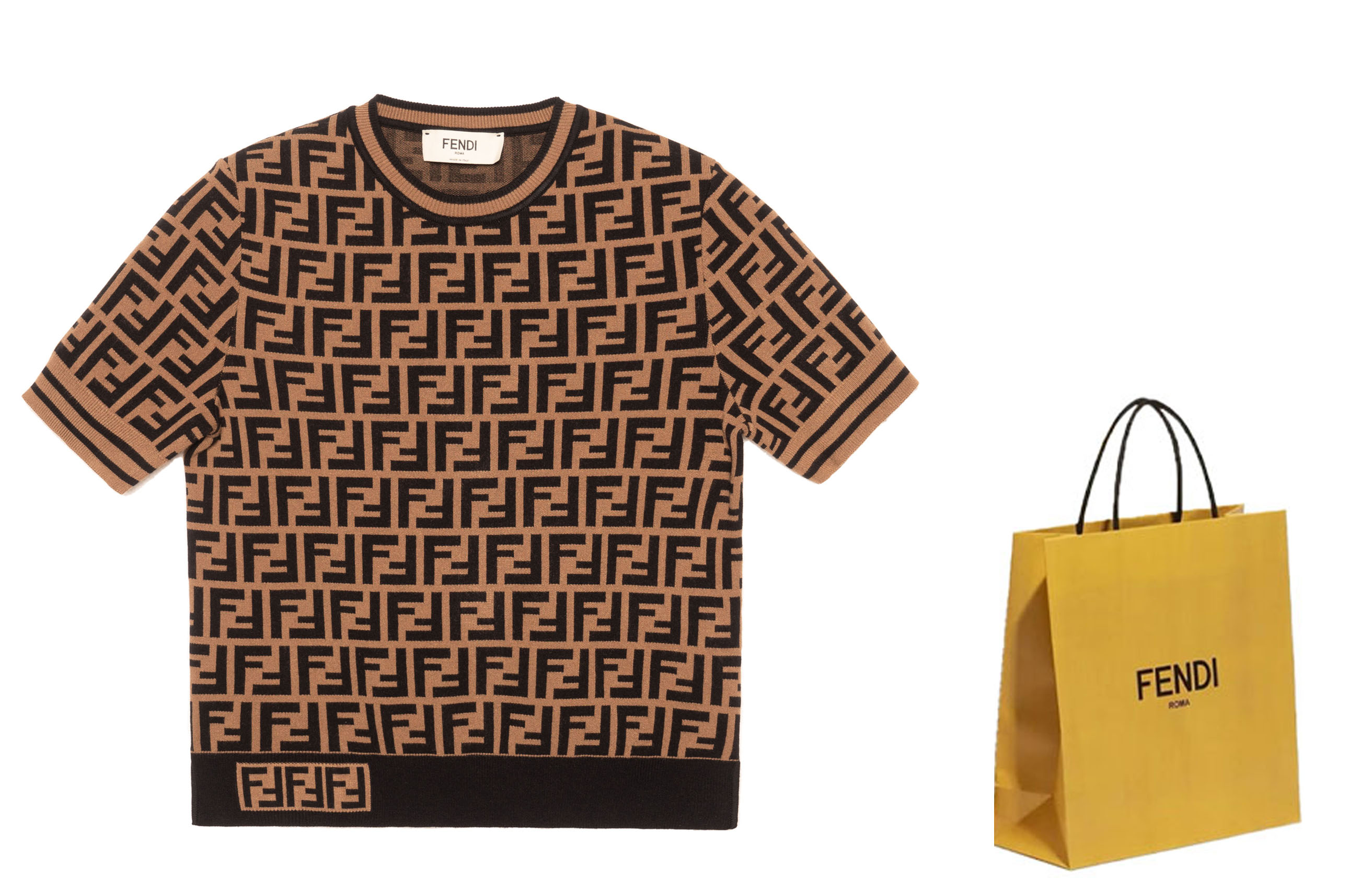 Shop (W) FENDI Cokelat Atasan Rajut Lengan Pendek Motif Logo Seluruh Crewneck FZY702A5QGF118W