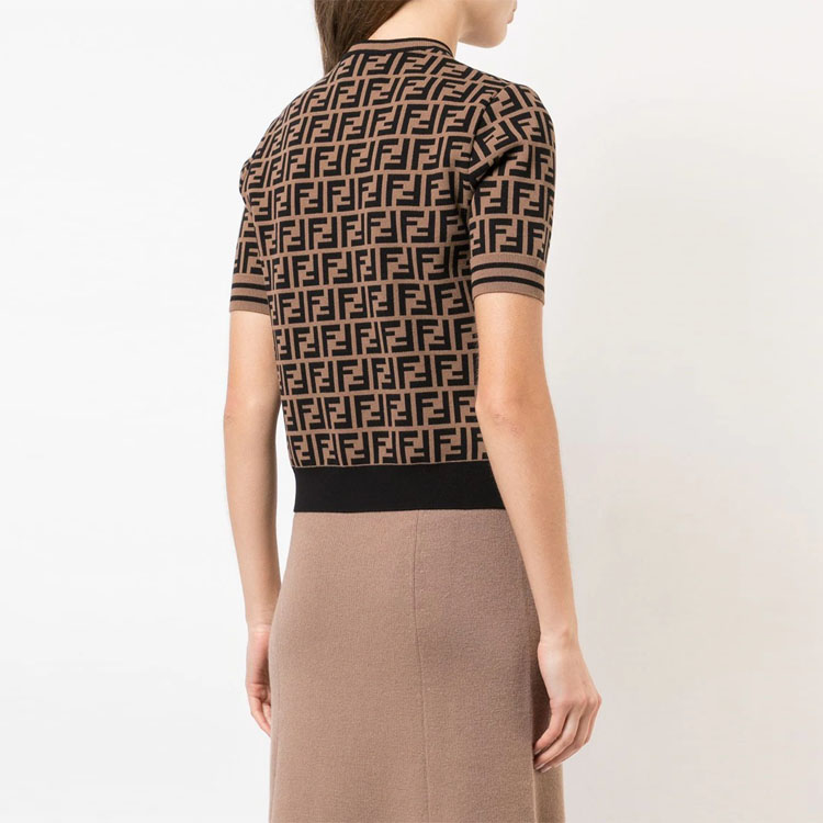 Details for (W) FENDI Cokelat Atasan Rajut Lengan Pendek Motif Logo Seluruh Crewneck FZY702A5QGF118W