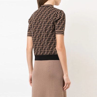 (Women) FENDI Brown All-Over Logo Print Knit Short-Sleeve Crewneck Top FZY702A5QGF118W Details for (Women) FENDI Brown All-Over Logo Print Knit Short-Sleeve Crewneck Top FZY702A5QGF118W