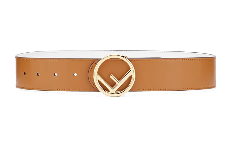 (Women) FENDI Brown Leather Belt with Round Gold Buckle, 4cm Wide. 8C0579A1KSF11CI