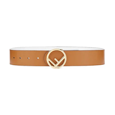 (Women) FENDI Brown Leather Belt with Round Gold Buckle, 4cm Wide. 8C0579A1KSF11CI