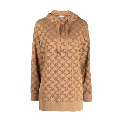 (Women) FENDI Brown Logo Print Oversized Hoodie Long Sleeve Sweatshirt. FS7263AGU7F1ENR