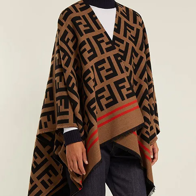 Shop (W) Fendi 棕色羊毛披肩搭配FF標誌圖案 FXX-636A3Q1F0QB8