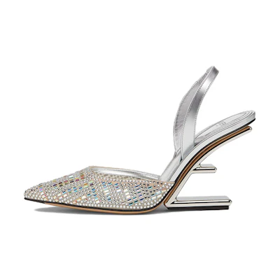 (W) Fendi by Marc Jacobs First High-Heeled Slingbacks Silver Rhinestone