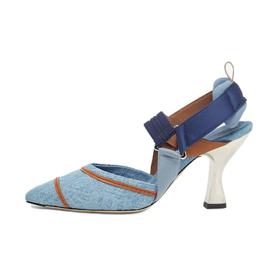 (W) Fendi Colibri 'Blue Embroidered Slingback' High Heels 8.5cm