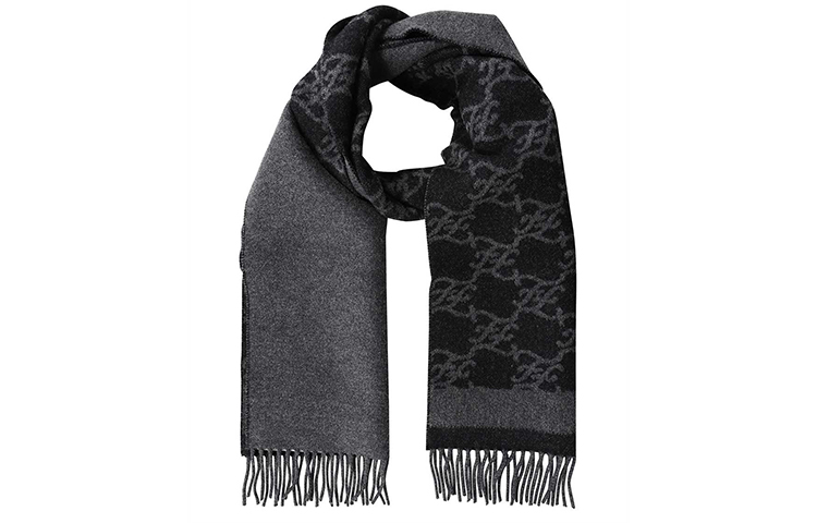 Lookbook (W) FENDI Syal Rajut Logo F Hitam Abu-Abu Aksesori Hangat Musim Dingin. FXT324 AHRF F0QA1