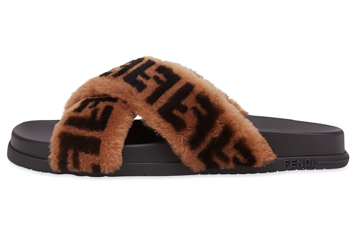 (W) Fendi FF Pattern Furry Sandals 'Brown Black'