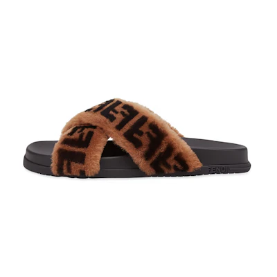 (W) Fendi FF Pattern Furry Sandals 'Brown Black'