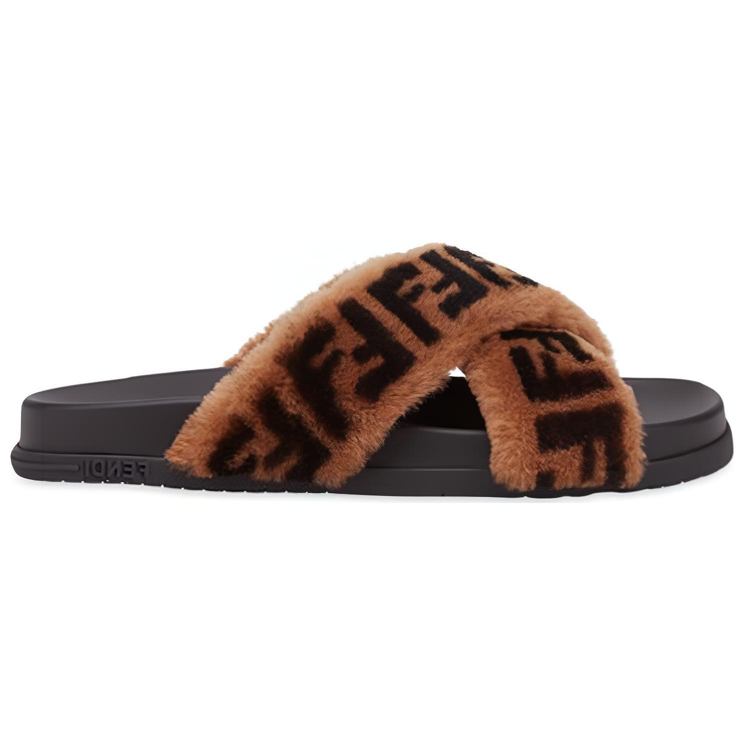(W) Fendi FF Pattern Furry Sandals 'Brown Black' 圖 2