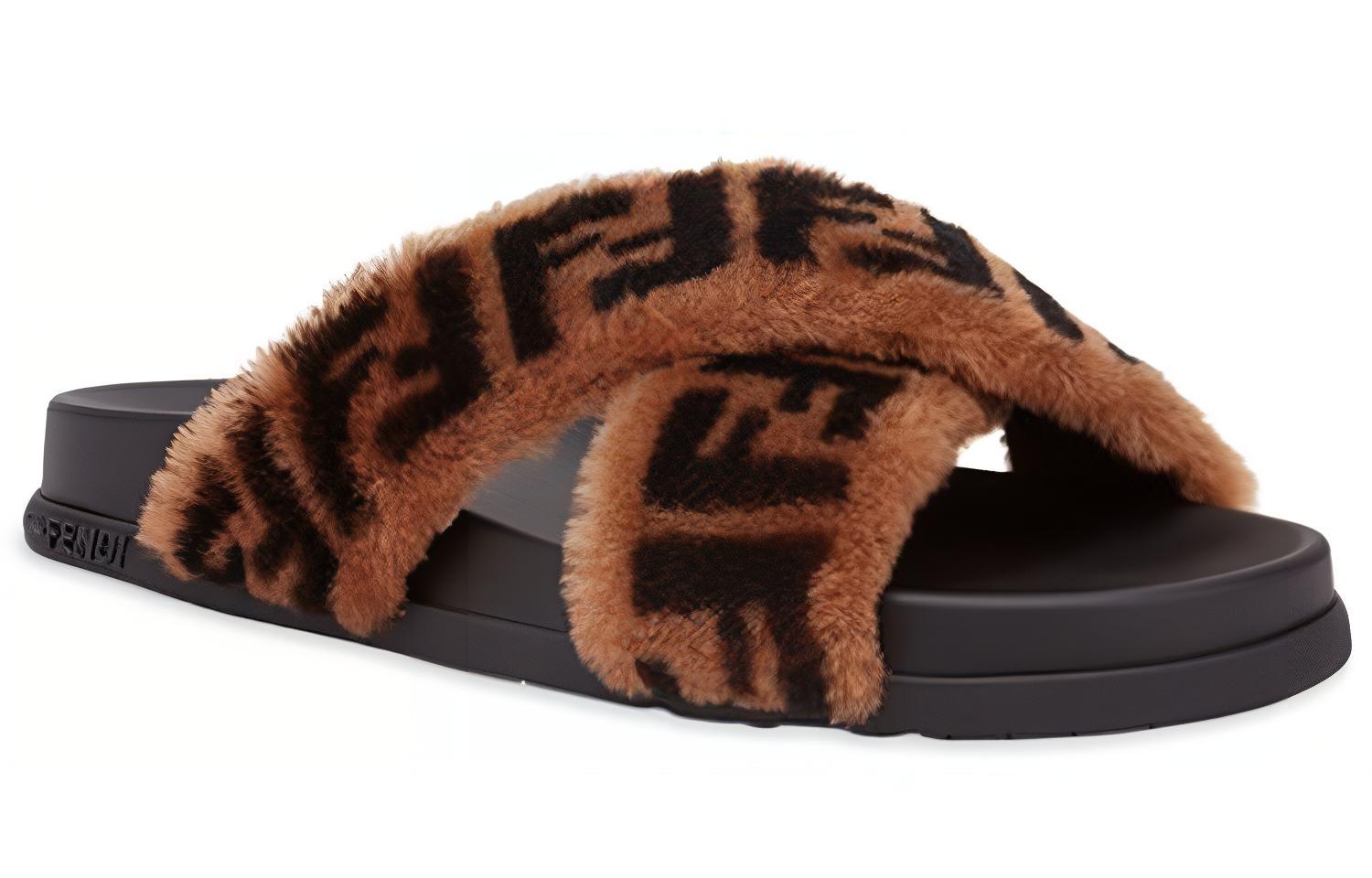 (W) Fendi FF Pattern Furry Sandals 'Brown Black' 圖 3