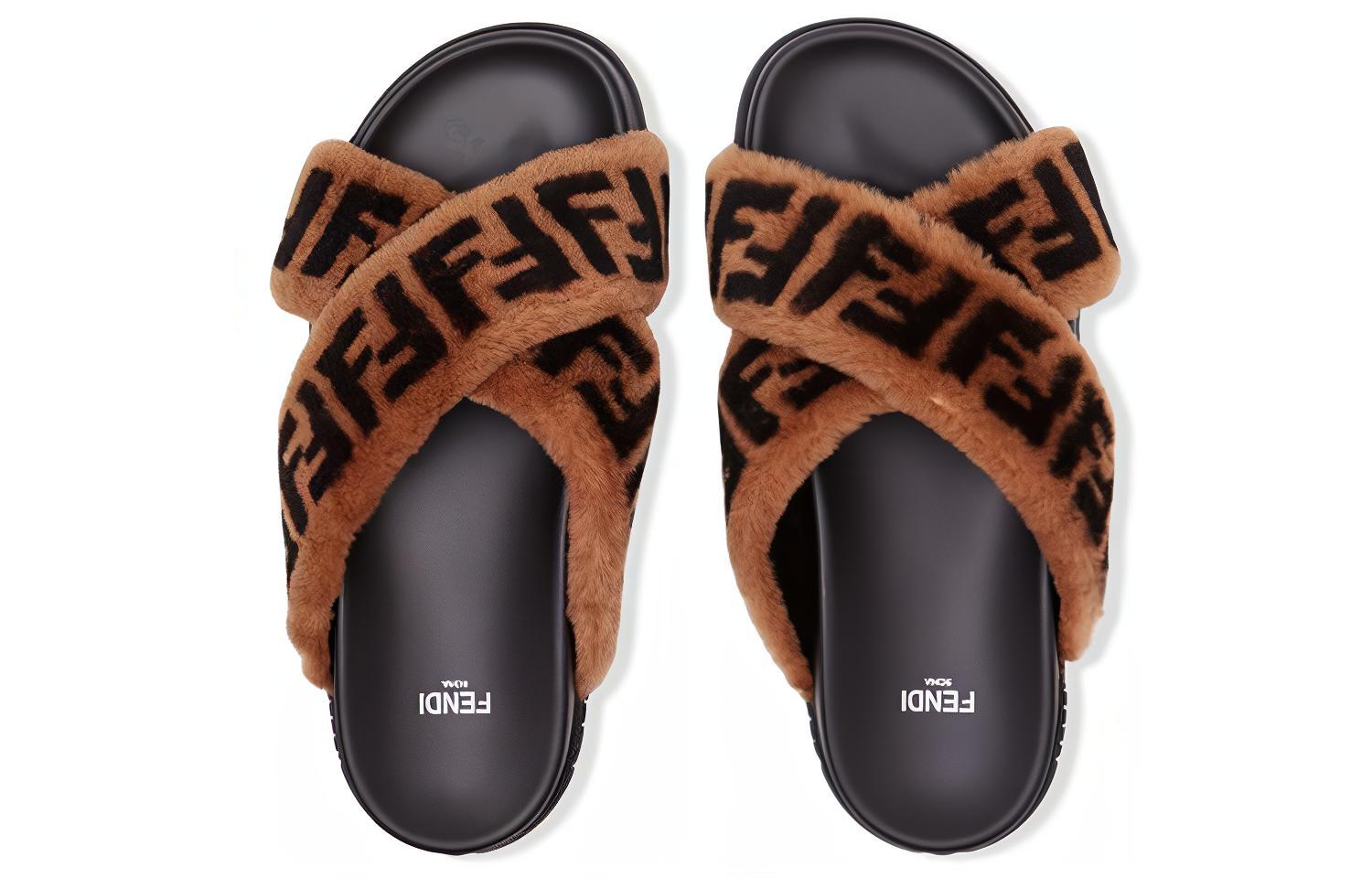 (W) Fendi FF Pattern Furry Sandals 'Brown Black' 圖 4