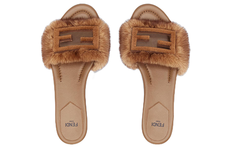 (W) Fendi Fur-Trimmed Wide Strap Sandals 'Brown' 圖 3