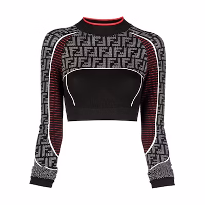 (Women) FENDI FW21 Black Cropped Long-Sleeve T-Shirt with Classic Logo. FAF158AGMAF1ENI