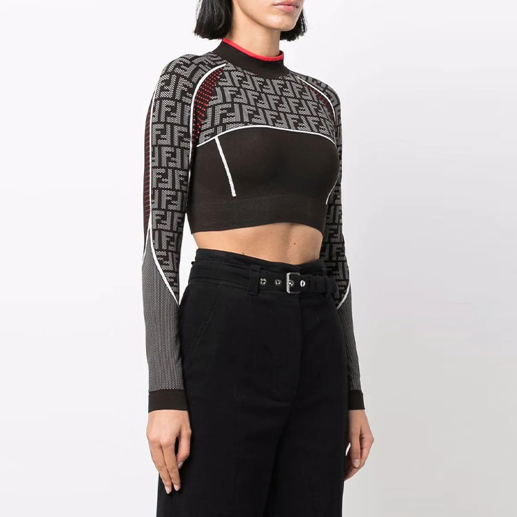 Purchase (W) FENDI 2021秋冬经典logo黑色短款长袖T恤。 FAF158AGMAF1ENI