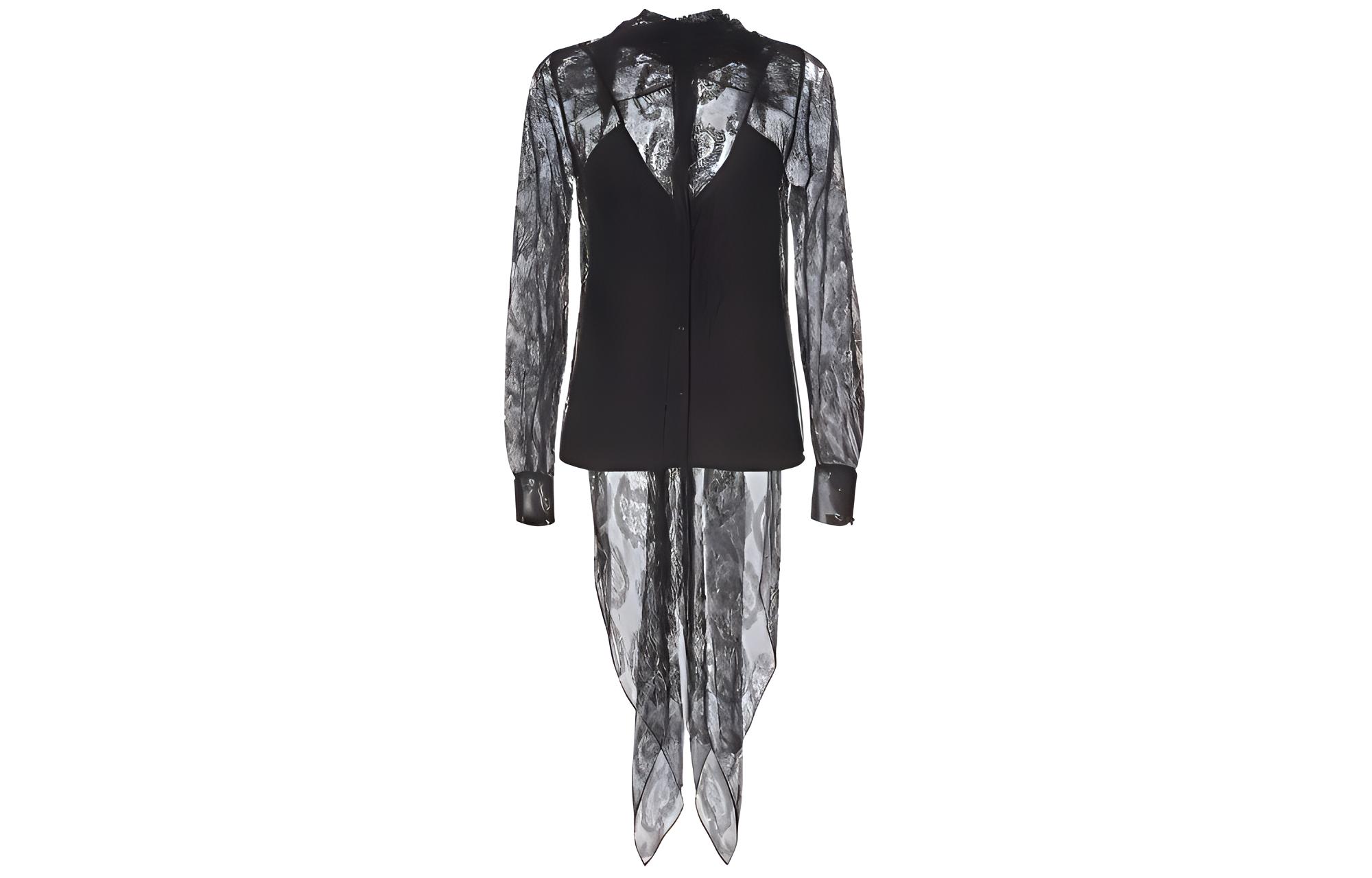 (Women) FENDI FW21 Black Lace Scarf Collar Long Sleeve Shirt. FS7821AD9LF0GME