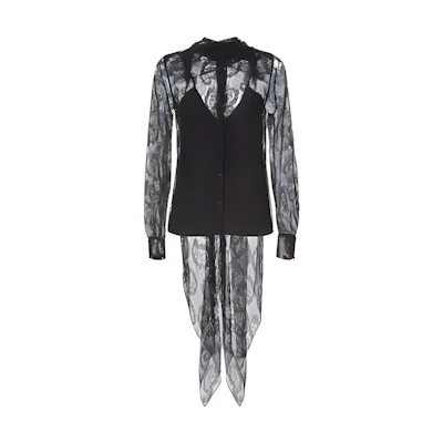(Women) FENDI FW21 Black Lace Scarf Collar Long Sleeve Shirt. FS7821AD9LF0GME