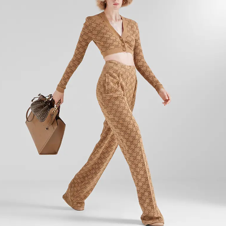 Shop (W) FENDI 女士高腰直筒长裤棕色 FW21 提花款式裤子 FZR735AHEDF1FLF