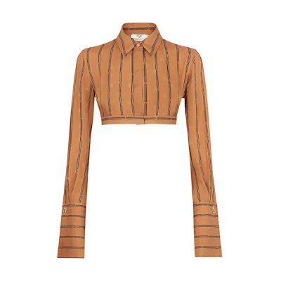 (Women) FENDI FW21 Karligraphy Brown Striped Cropped Long Sleeve Shirt for Women. FS7476AGTQF1ENR