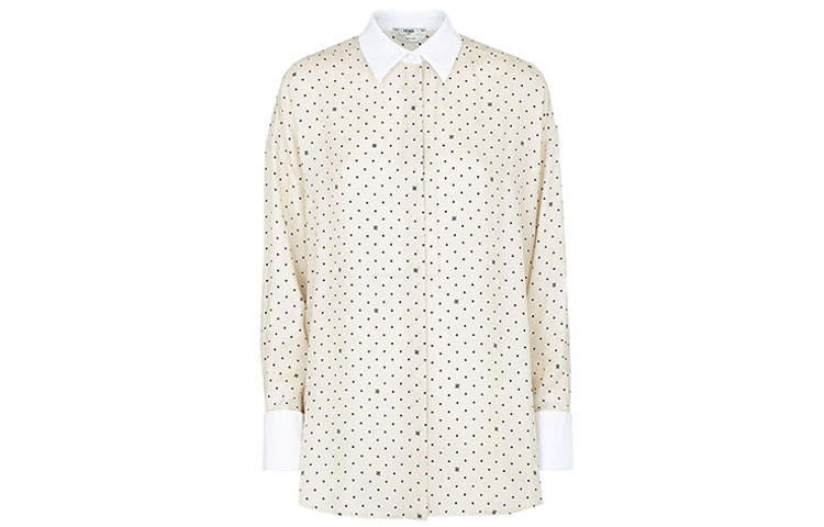 (Women) FENDI FW21 Printed Crepe Satin Long-Sleeve Shirt White. FS7478AGU1F1ENO