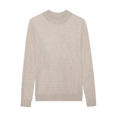 (Women) FENDI FW22 Beige Logo Jacquard Crewneck Sweater FZY935ABWQF1J7B