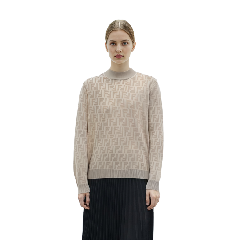 Shop (W) 펜디 FW22 베이지 로고 자카드 크루넥 스웨터 FZY935ABWQF1J7B