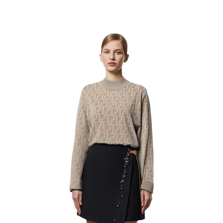 Purchase (W) 펜디 FW22 베이지 로고 자카드 크루넥 스웨터 FZY935ABWQF1J7B