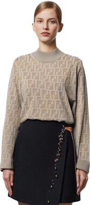 (Women) FENDI FW22 Beige Logo Jacquard Crewneck Sweater FZY935ABWQF1J7B Purchase (Women) FENDI FW22 Beige Logo Jacquard Crewneck Sweater FZY935ABWQF1J7B