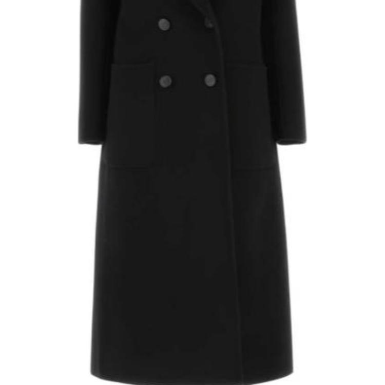 Shop (W) Fendi FW22 Mantel Hitam Double-Breasted Panjang Sedang. FF8947A5HDF1FL8