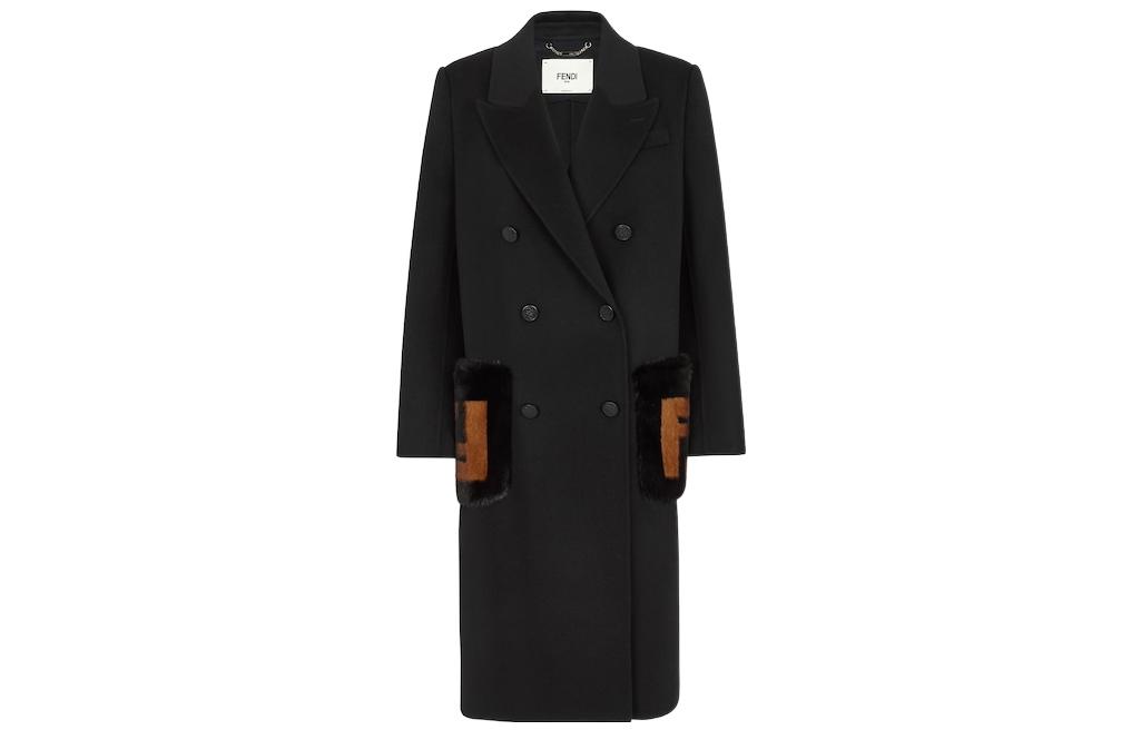 (Women) FENDI FW22  Black Solid Double-Breasted Long Coat with Pockets. FF8948W1DF0GME