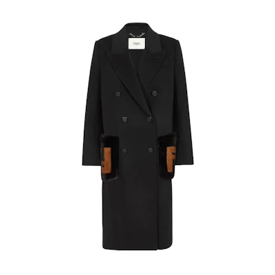 (Women) FENDI FW22 Black Solid Double-Breasted Long Coat with Pockets. FF8948W1DF0GME