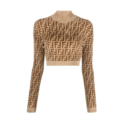 (Women) FENDI FW22 Brown Logo Jacquard Knit Sweater. FZX838ALAPF10W1