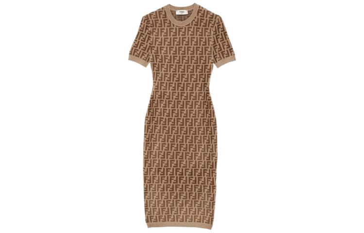 (Women) FENDI FW22  Brown Logo Knit Short Sleeve Dress FZDA61ALAPF10W1