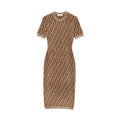 (Women) FENDI FW22 Brown Logo Knit Short Sleeve Dress FZDA61ALAPF10W1