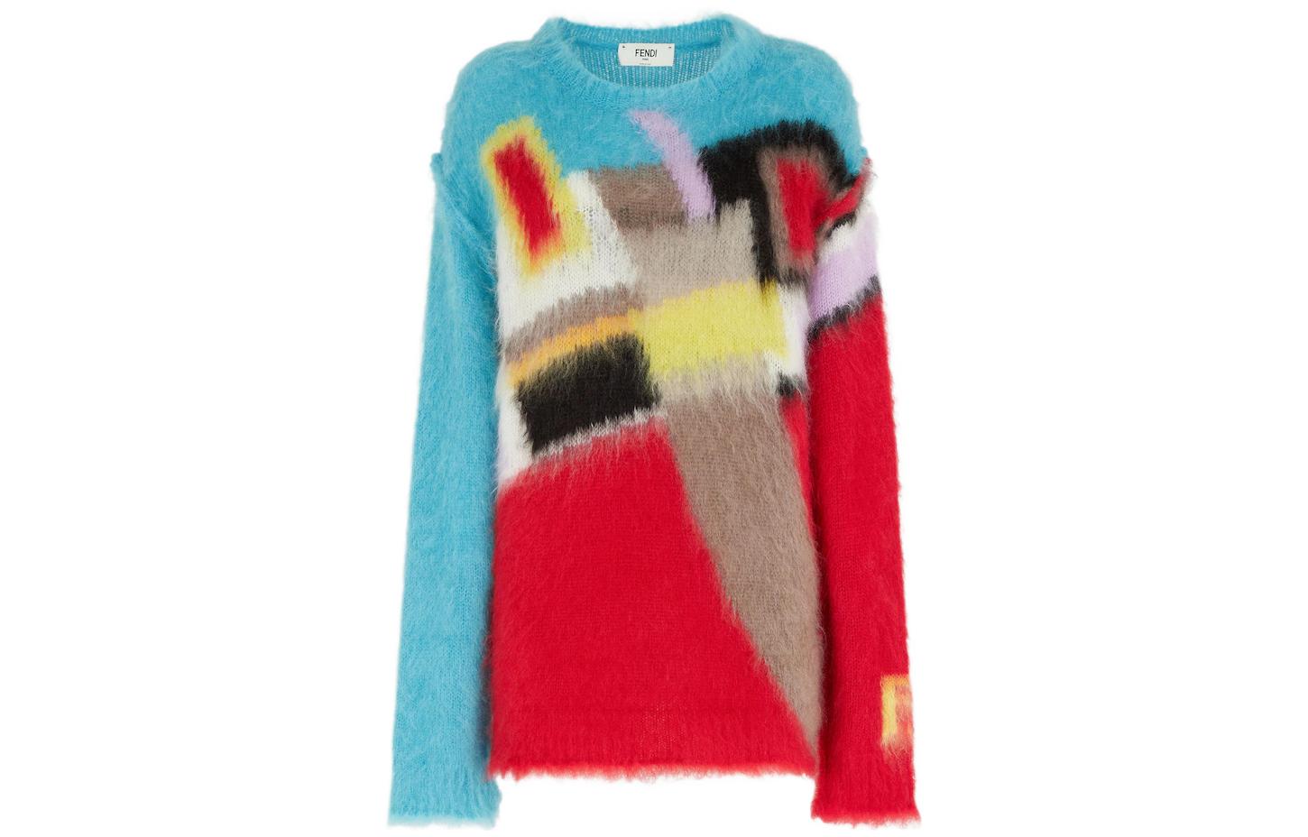 (Women) FENDI FW22  Colorblock Mohair Pullover Sweater Red FZX963AMDBF1527