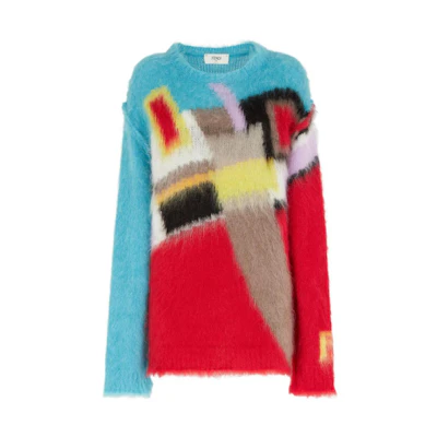 (Women) FENDI FW22 Colorblock Mohair Pullover Sweater Red FZX963AMDBF1527