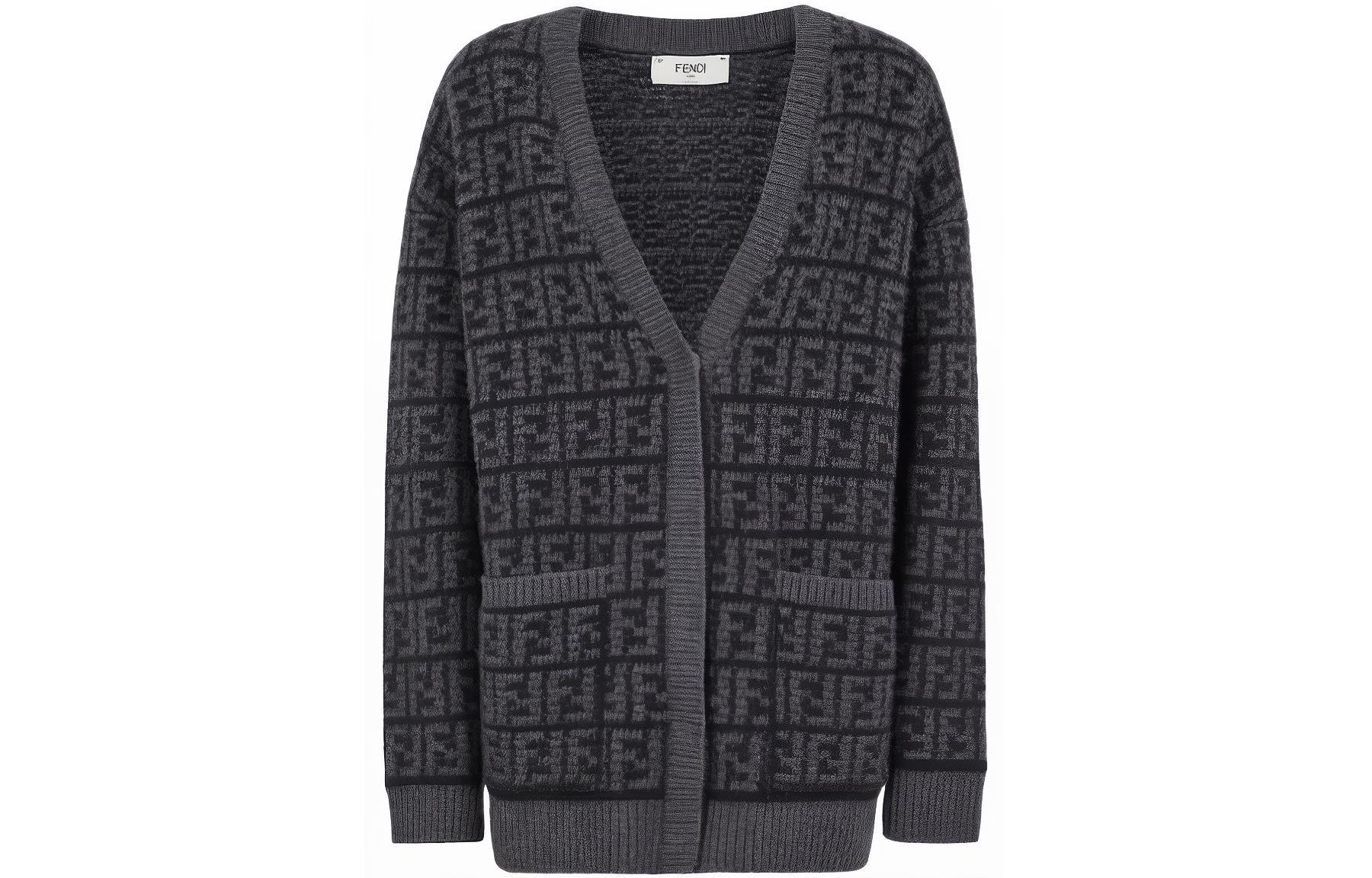 (Women) FENDI FW22  Grey Knit V-Neck Long Sleeve Casual Sweater. FZC950ALOJF0GME