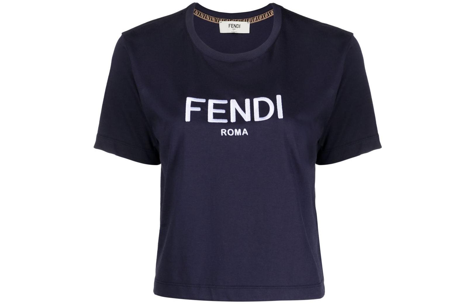 Order (Women) FENDI FW22  Navy Blue Letter Logo Embroidered Crew Neck T-Shirt. FS7389ALCAF1IHG