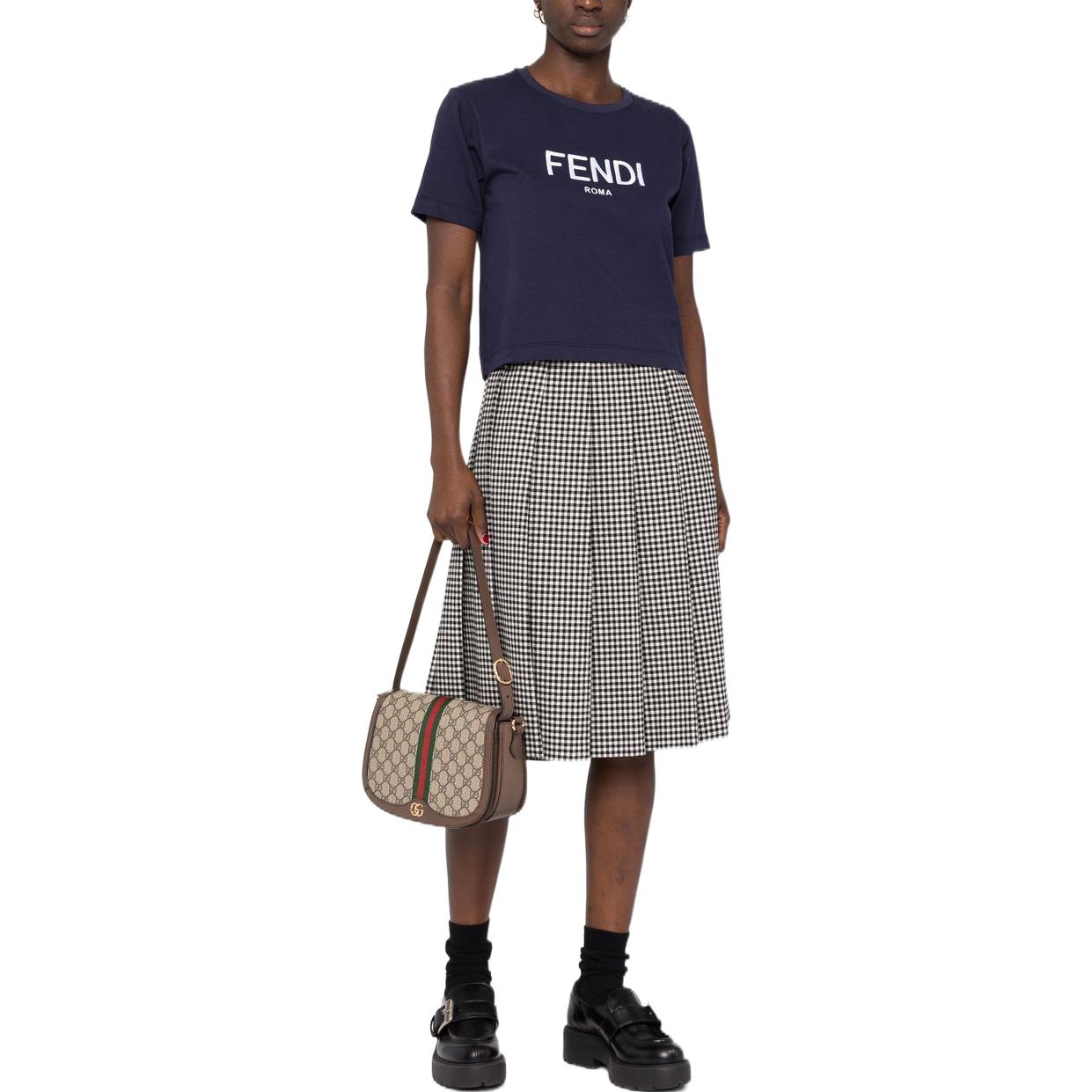 Lookbook (Women) FENDI FW22  Navy Blue Letter Logo Embroidered Crew Neck T-Shirt. FS7389ALCAF1IHG