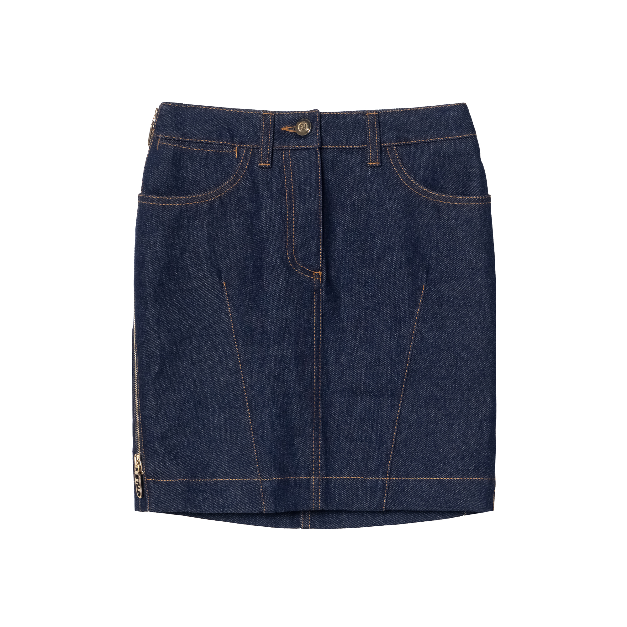 (Women) FENDI FW22 Contrast Stitch High-Waisted Denim Mini Skirt Women Blue FLQ555AMGQF1J79