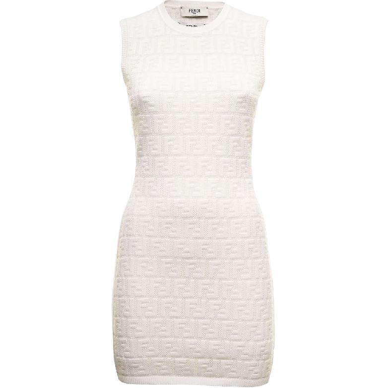 (Women) FENDI FW22 Jacquard Logo Knit Sleeveless Mini Dress Women’s White FZDA16AJTLF0ZNM