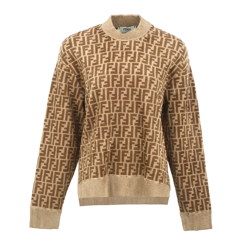 (Women) FENDI FW22 Monogram Jacquard Knit Pullover Sweater Women’s Light Brown FZX860ALAPF10W1