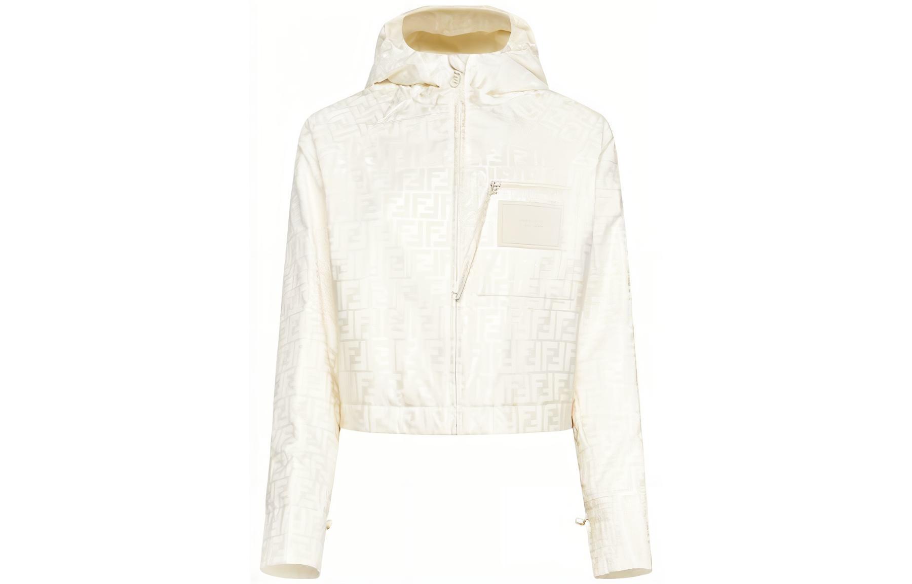 (Women) FENDI FW23  Logo Print Zip-Up Hooded Jacket Off-White. FAN127AK9ZF1M2A