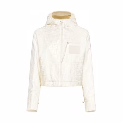(Women) FENDI FW23 Logo Print Zip-Up Hooded Jacket Off-White. FAN127AK9ZF1M2A